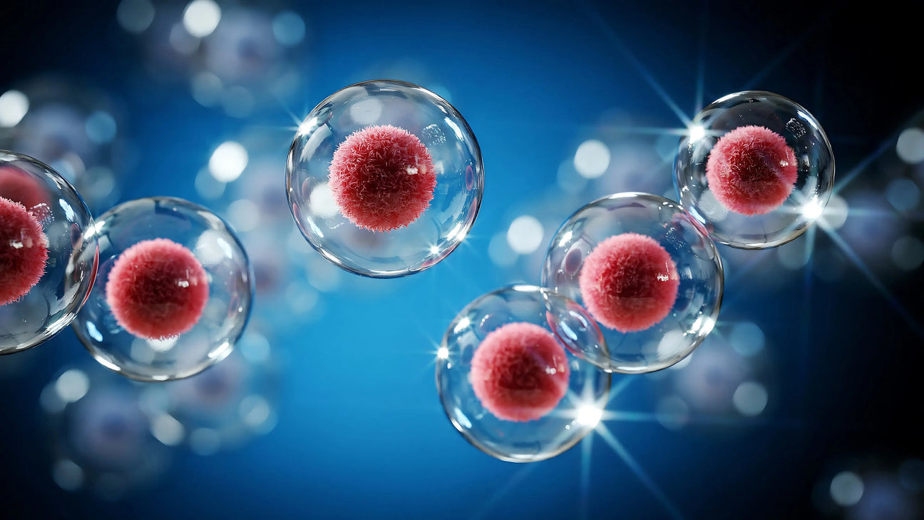 Illustration of human cells with red-stained nuclei, representing the cellular response to red light therapy and mitochondrial activity